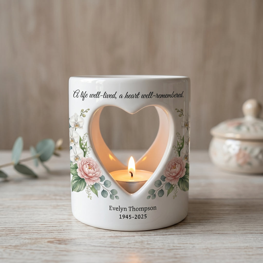 Personalized Memorial Candle Holder Ceramic Tealight Sympathy Gift Custom Name Date Heart Cutout Floral Bereavement Remembrance Keepsake