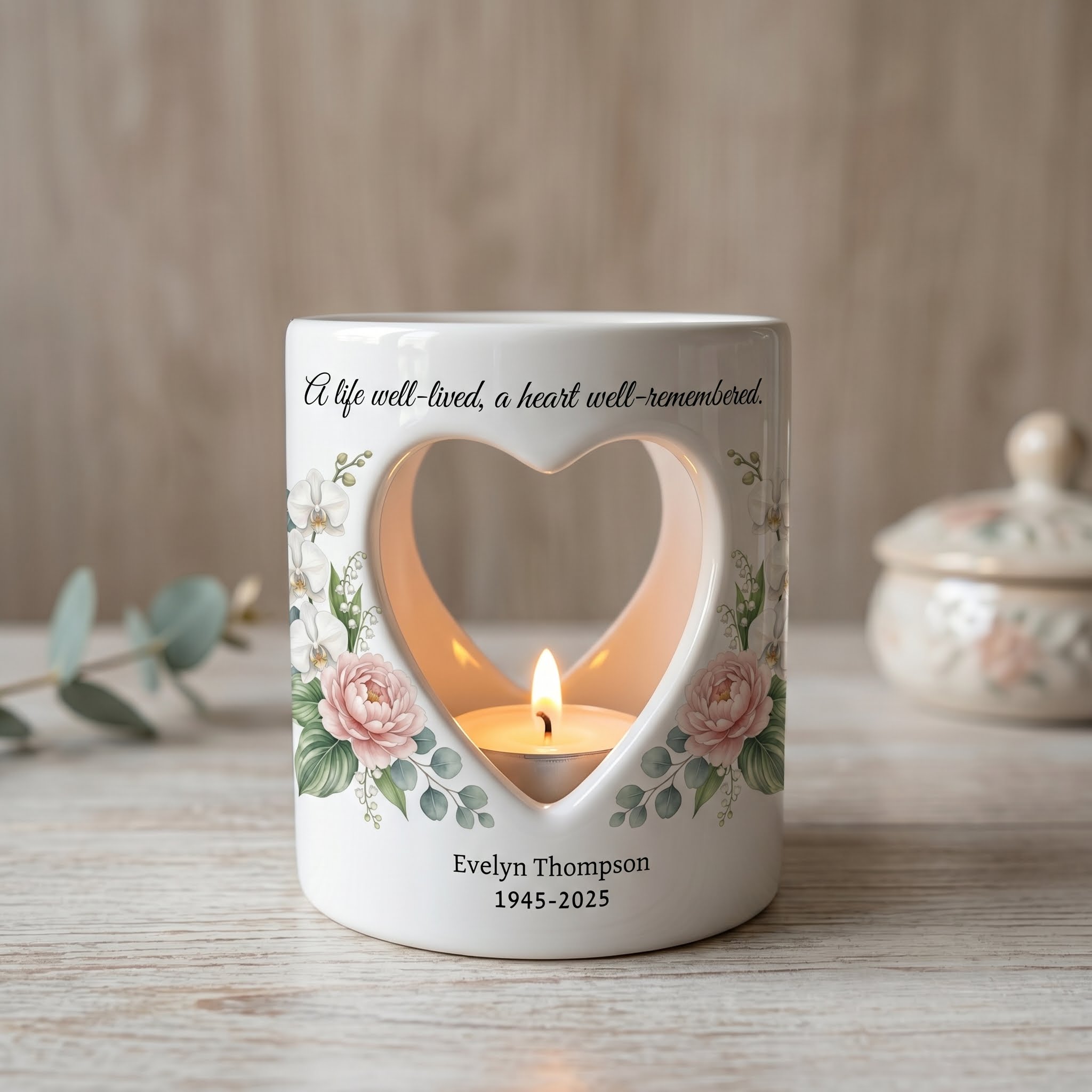 Personalized Memorial Candle Holder Ceramic Tealight Sympathy Gift Custom Name Date Heart Cutout Floral Bereavement Remembrance Keepsake