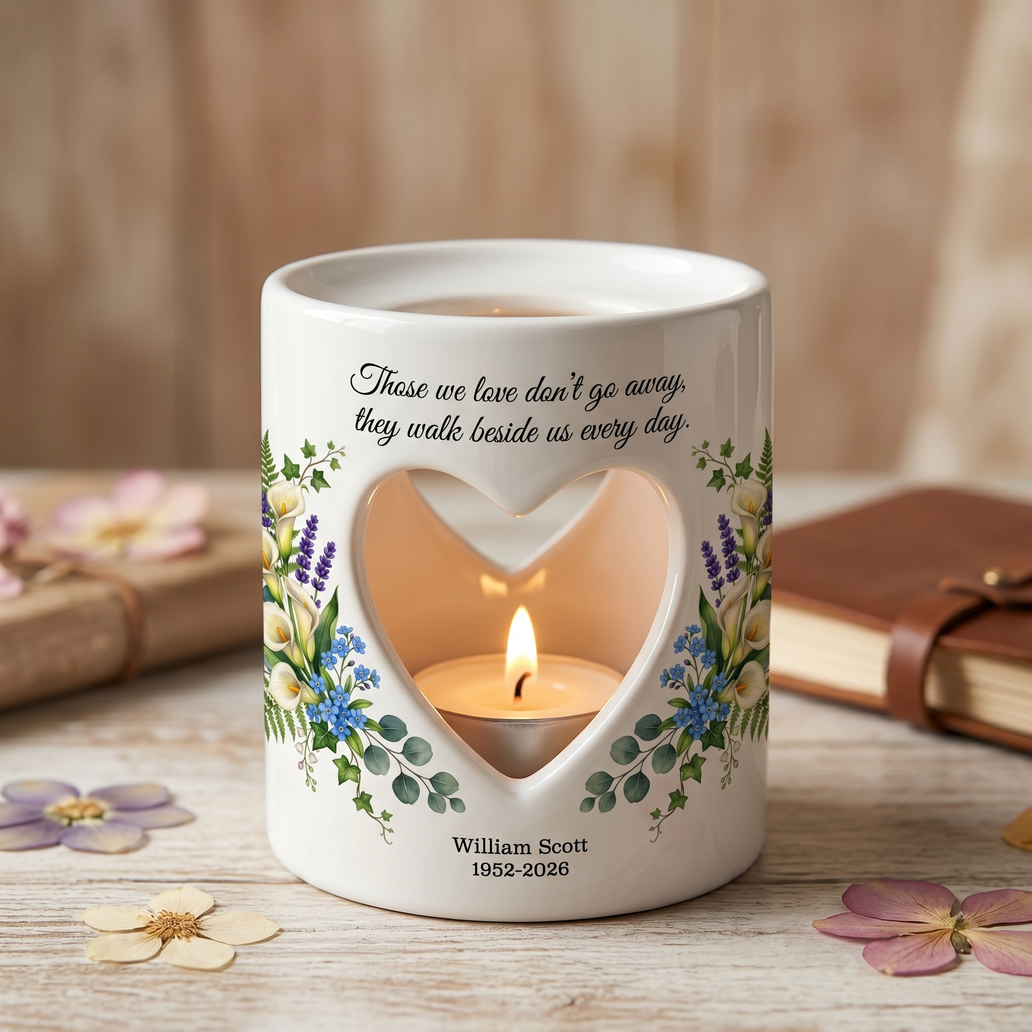 Personalized Memorial Candle Holder, Custom Name & Date Sympathy Gift, Heart Cutout Ceramic Tealight, Floral Remembrance Candle Cup
