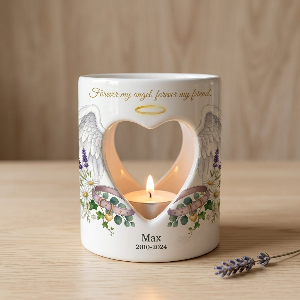 Personalized Pet Memorial Candle Holder, Dog Memorial Gift, Angel Wings Heart Tealight Holder, Custom Pet Loss Sympathy Keepsake