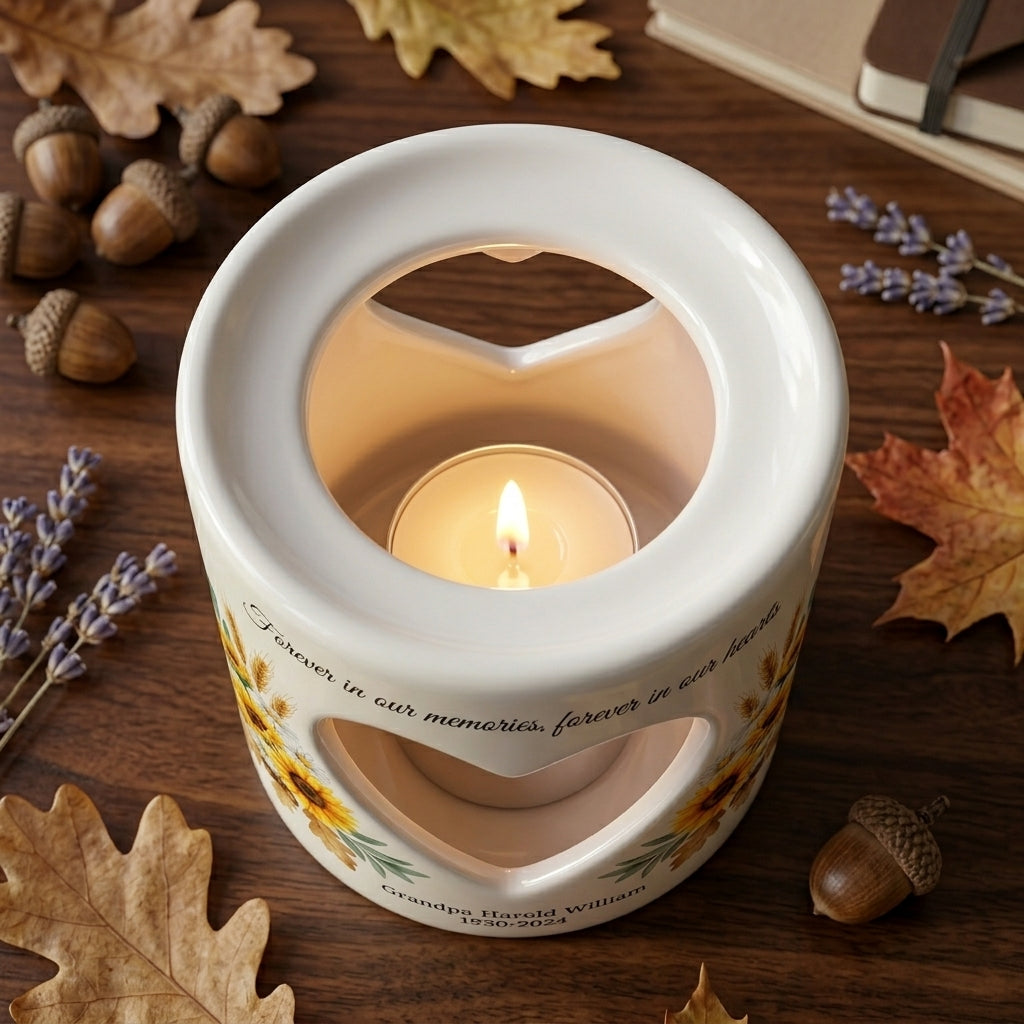 Personalized Sunflower Memorial Candle Holder, Heart Cutout Ceramic Sympathy Gift, In Loving Memory Remembrance Tealight Cup