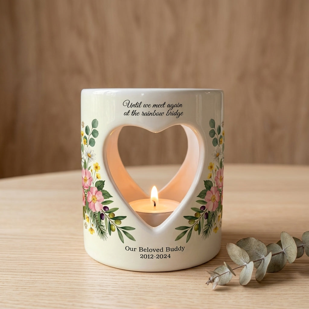 Personalized Pet Memorial Candle Holder, Rainbow Bridge Ceramic Heart Tealight Holder, Dog Cat Loss Sympathy Gift, Pet Remembrance Keepsake