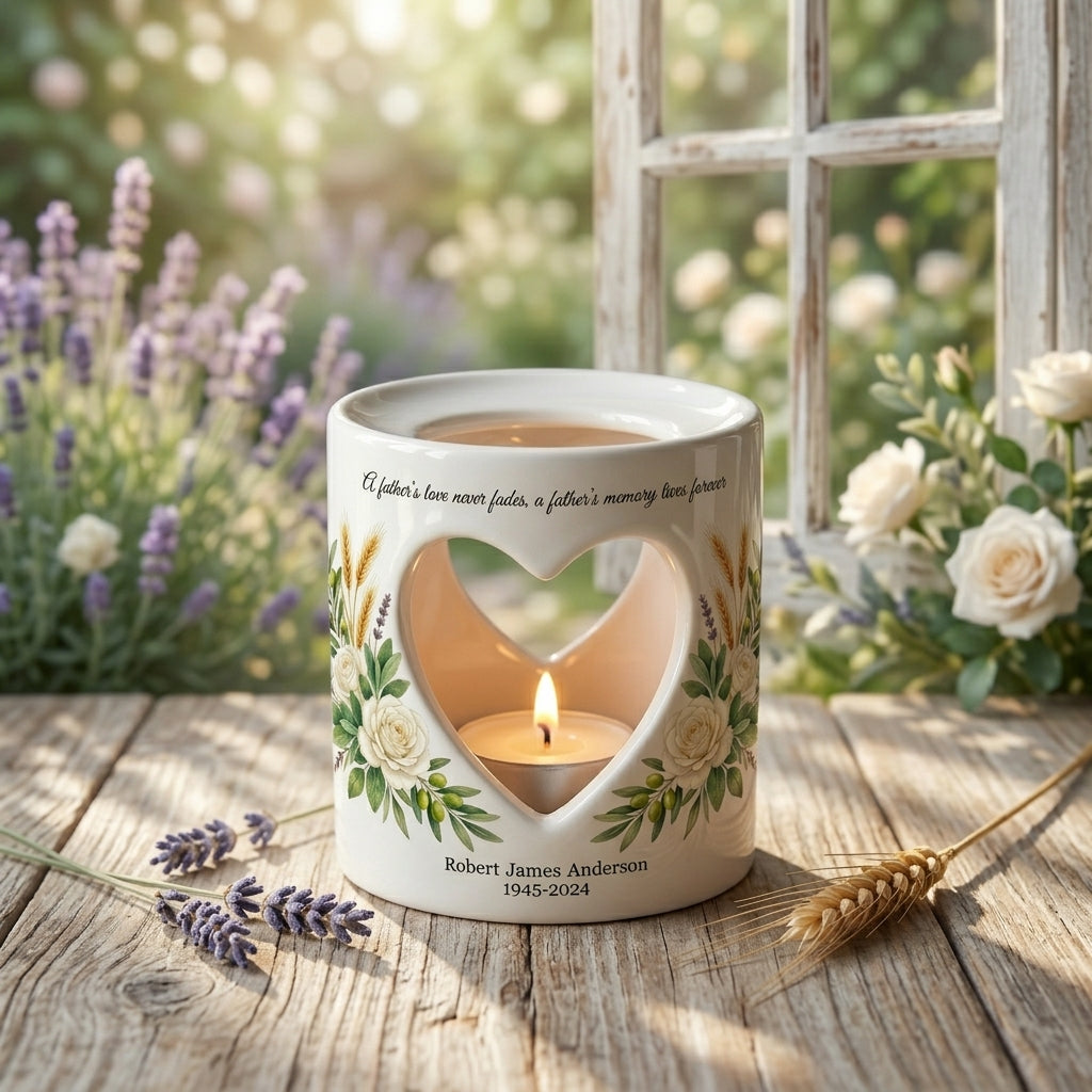 Personalized Memorial Candle Holder for Dad, Custom Father Sympathy Gift, Ceramic Heart Tealight Holder, Loss of Father Remembrance Keepsake