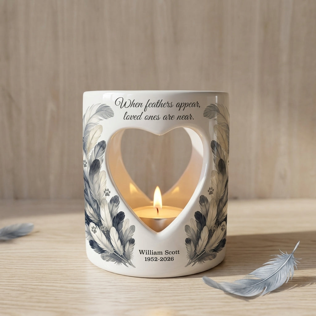 Personalized Memorial Tealight Candle Holder, When Feathers Appear Loved Ones Are Near, Ceramic Sympathy Gift, Remembrance Keepsake