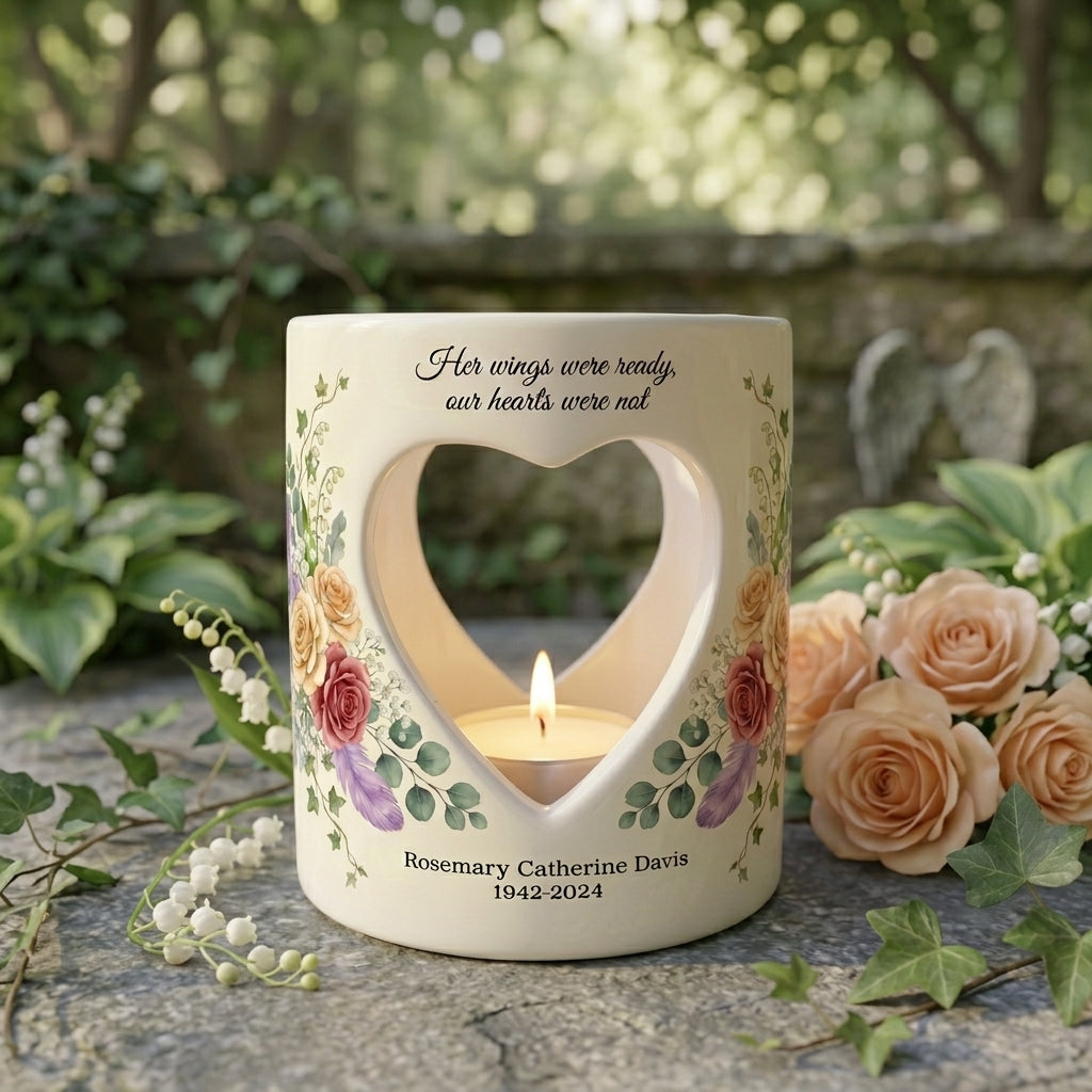 Personalized Memorial Candle Holder, Heart Cutout Sympathy Tealight Cup, Custom Name Date Bereavement Remembrance Gift