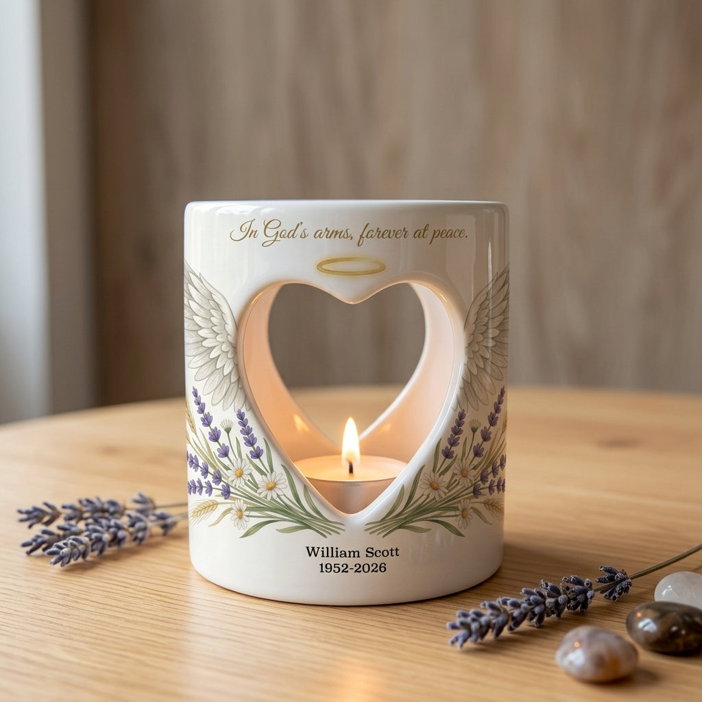 Personalized Memorial Candle Holder, Angel Wings Heart Sympathy Gift, Custom Name Date Ceramic Tealight, In Loving Memory Bereavement