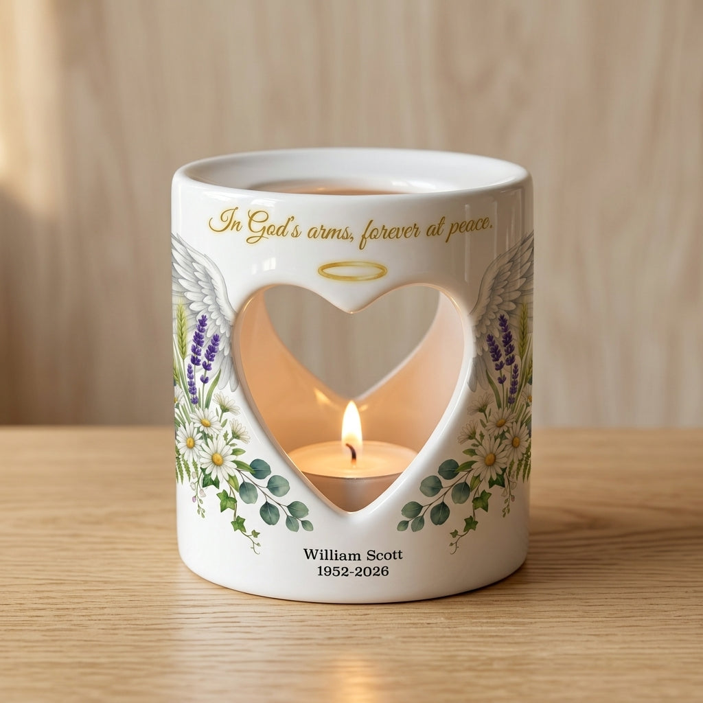Personalized Memorial Candle Holder, In God's Arms Forever At Peace Ceramic Heart Tealight Sympathy Gift, Angel Wings Remembrance Keepsake