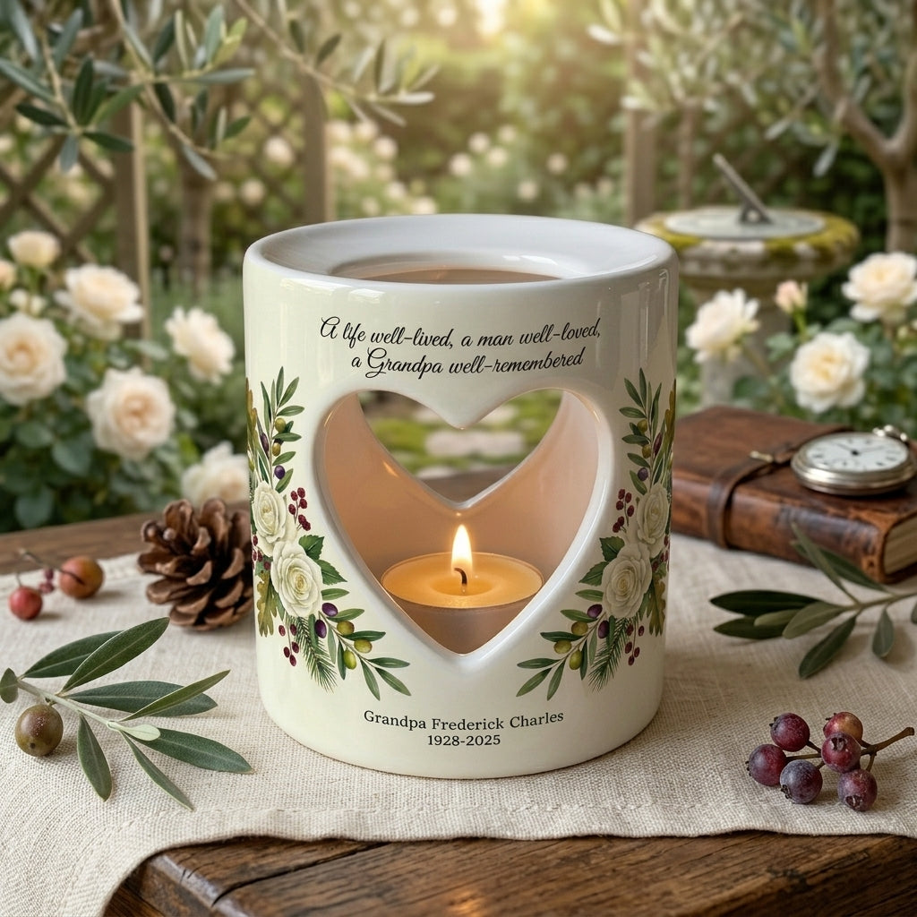 Personalized Grandpa Memorial Candle Holder, Heart Cutout Ceramic Tealight Votive, Sympathy Loss of Grandfather Remembrance Gift