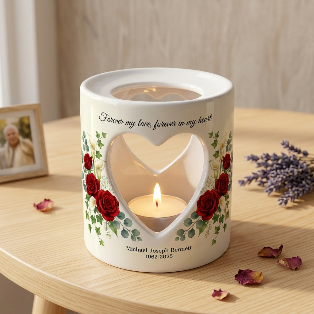 Personalized Memorial Candle Holder, Forever My Love Sympathy Gift, Custom Name Date Heart Ceramic Tealight Remembrance