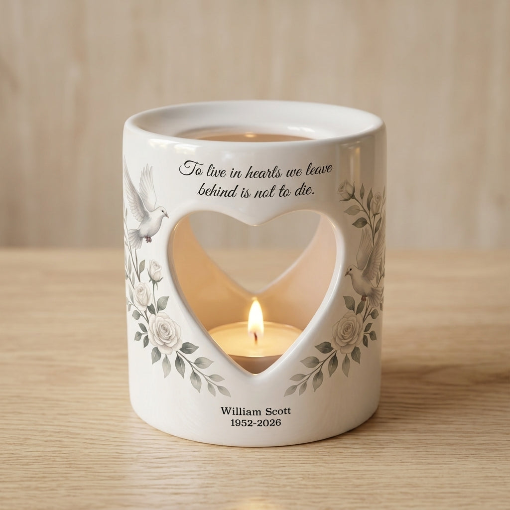 Personalized Memorial Candle Holder, Heart Cutout Ceramic Tealight Sympathy Gift, Dove Rose Remembrance Keepsake In Loving Memory