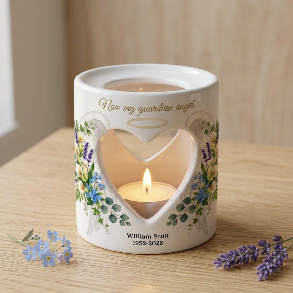 Personalized Memorial Candle Holder, Now My Guardian Angel Tealight Cup, Sympathy Gift, Angel Wings Heart Remembrance Keepsake