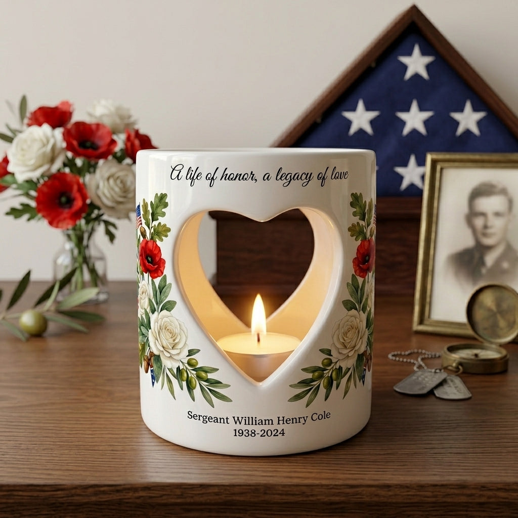 Personalized Veteran Memorial Candle Holder, Military Sympathy Gift, Heart Cutout Tealight Holder, Custom Name & Dates Remembrance Keepsake