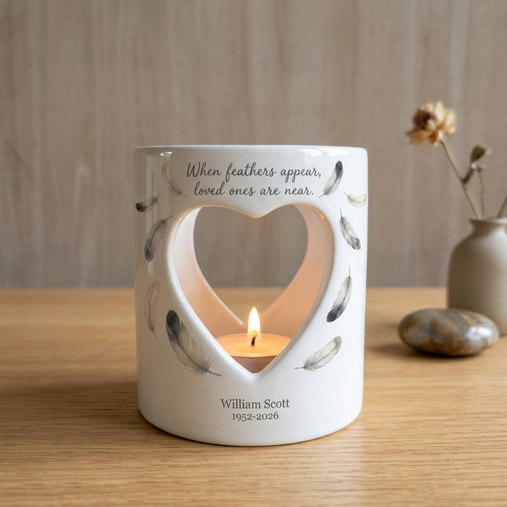 Personalized Memorial Candle Holder, When Feathers Appear Loved Ones Are Near, Ceramic Heart Sympathy Tea Light, Bereavement Gift