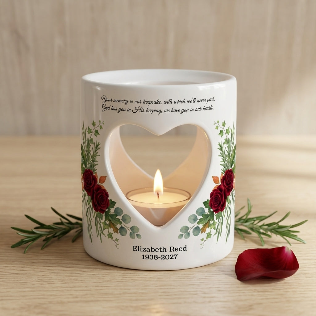 Personalized Memorial Candle Holder, Heart Cutout Ceramic Sympathy Tealight, In Loving Memory Keepsake Remembrance Gift