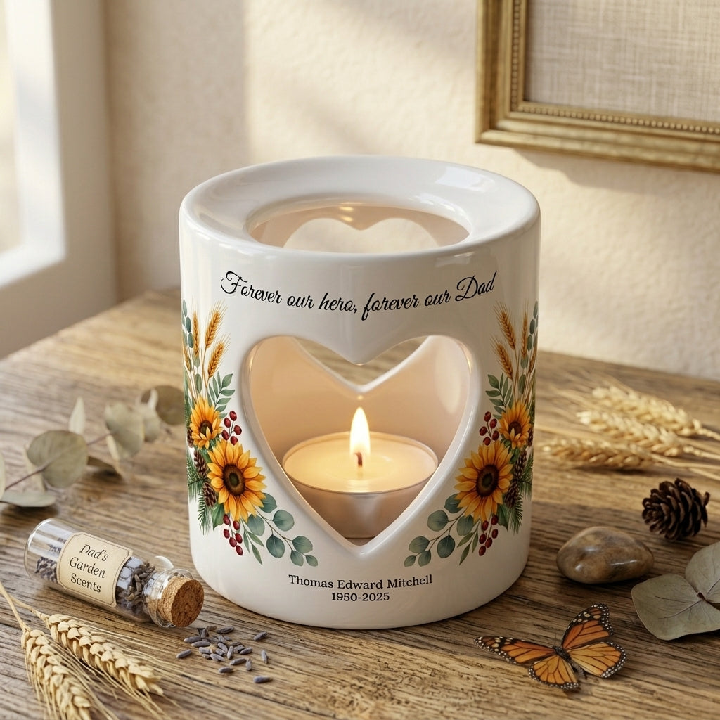 Personalized Dad Memorial Candle Holder, Sunflower Heart Tealight Cup, Forever Our Hero Forever Our Dad Sympathy Loss of Father Gift