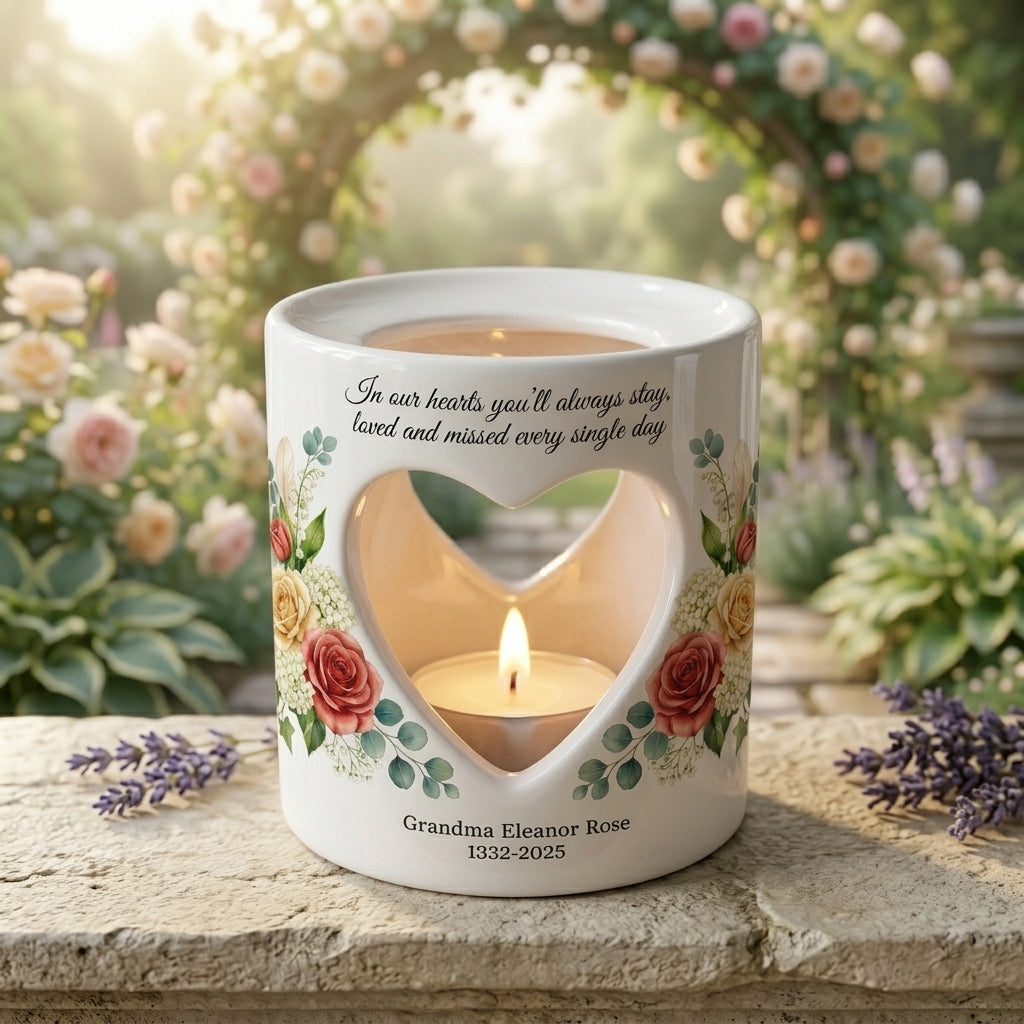 Personalized Memorial Candle Holder, Heart Cutout Ceramic Tealight Sympathy Gift, Custom Name Date Remembrance Keepsake