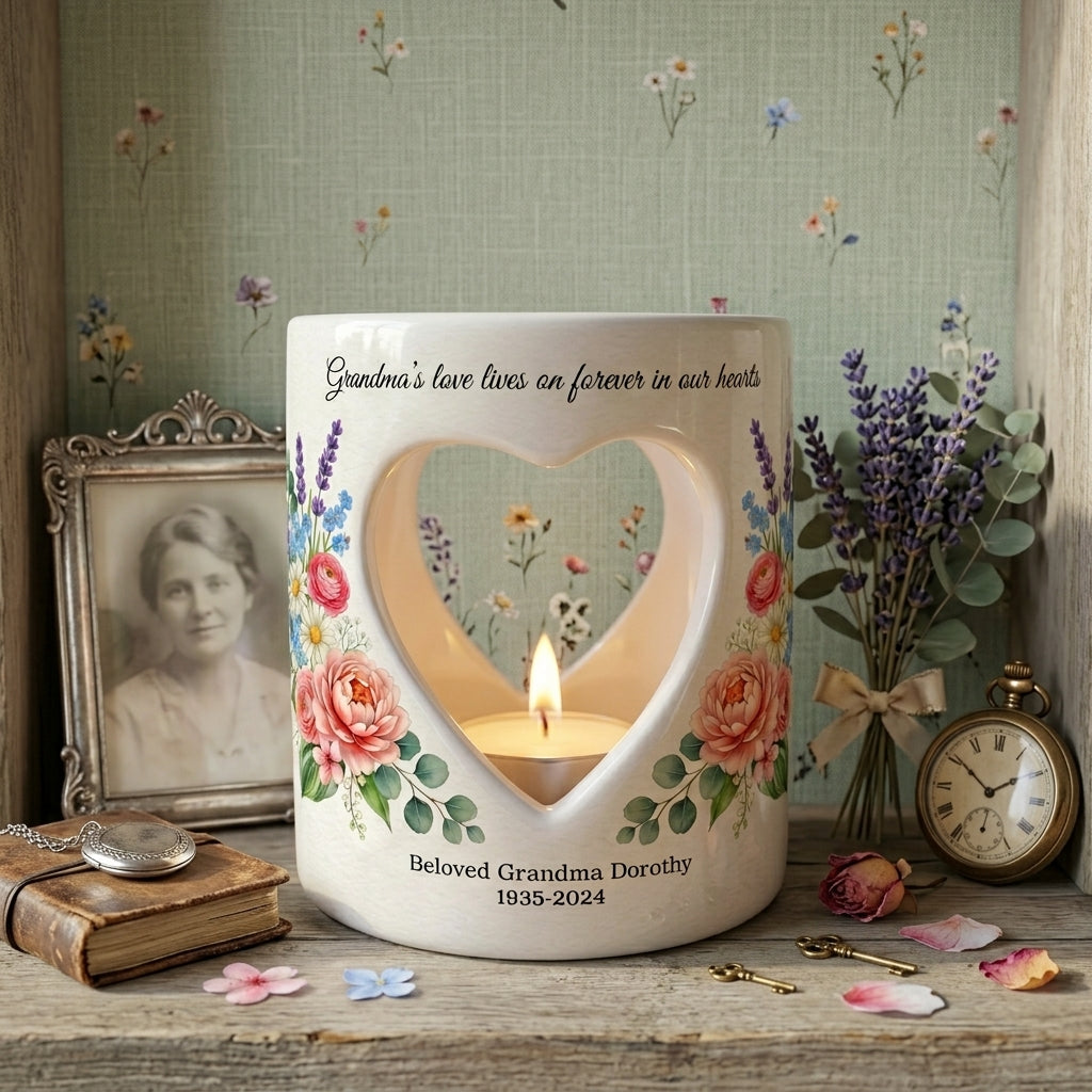 Personalized Grandma Memorial Candle Holder, Heart Cutout Ceramic Tealight Lantern, Sympathy Bereavement Loss Gift Keepsake