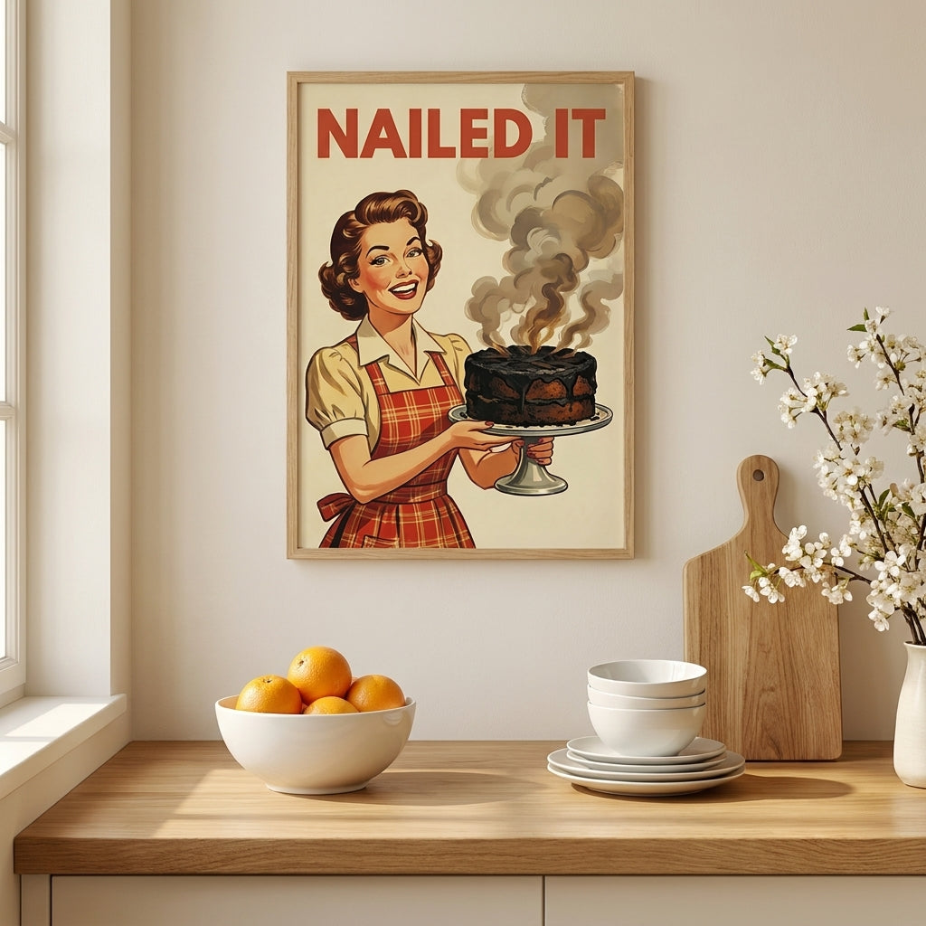 Nailed It Funny Kitchen Wall Art, Retro Vintage Housewife Burnt Cake Poster, Mid Century Baking Print, Humorous Kitchen Decor