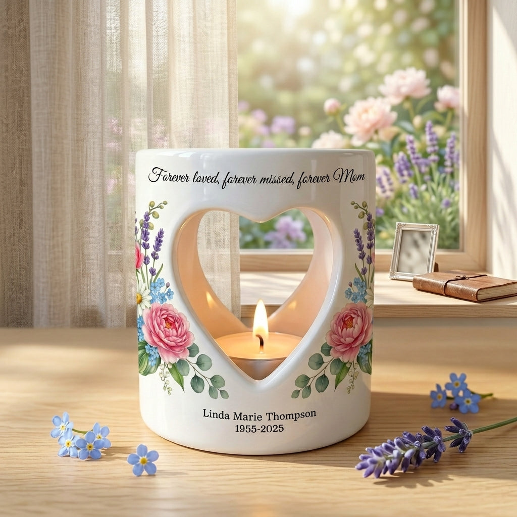 Personalized Memorial Candle Holder for Mom, Forever Loved Forever Missed, Heart Cutout Ceramic Tealight Sympathy Gift