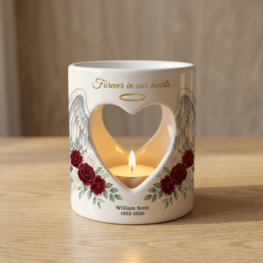 Personalized Memorial Candle Holder, Angel Wings Heart Sympathy Gift, Custom Name Date Remembrance Tealight, In Loving Memory