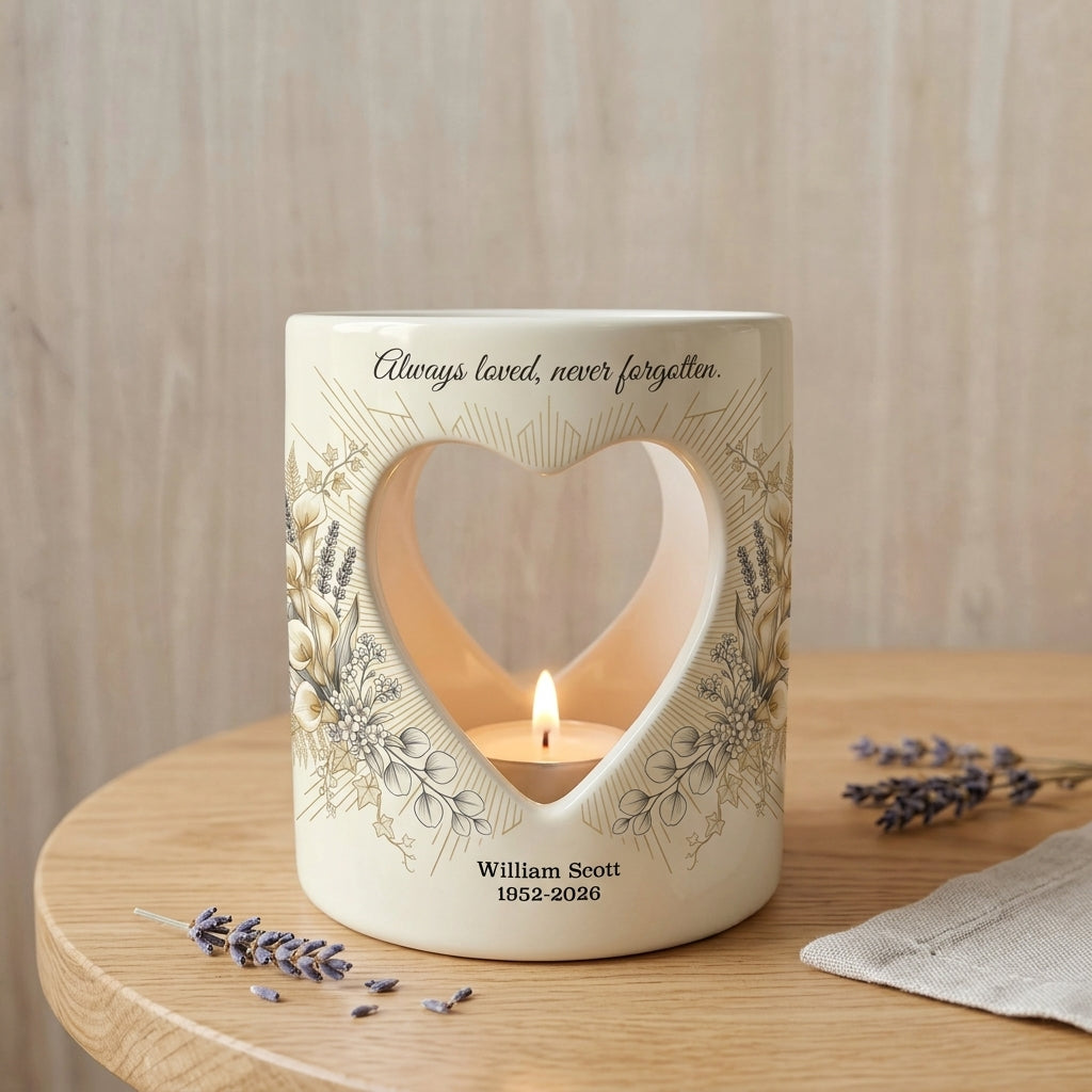 Personalized Memorial Candle Holder, Always Loved Never Forgotten Heart Cutout Ceramic Sympathy Gift, Remembrance Tealight Lantern