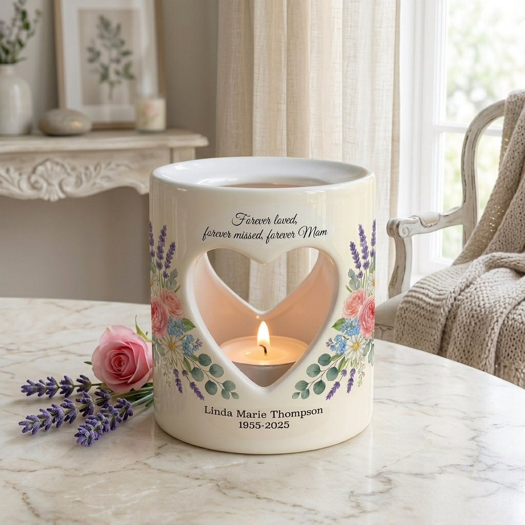 Personalized Memorial Candle Holder for Mom, Forever Loved Forever Missed Ceramic Heart Tealight Sympathy Gift