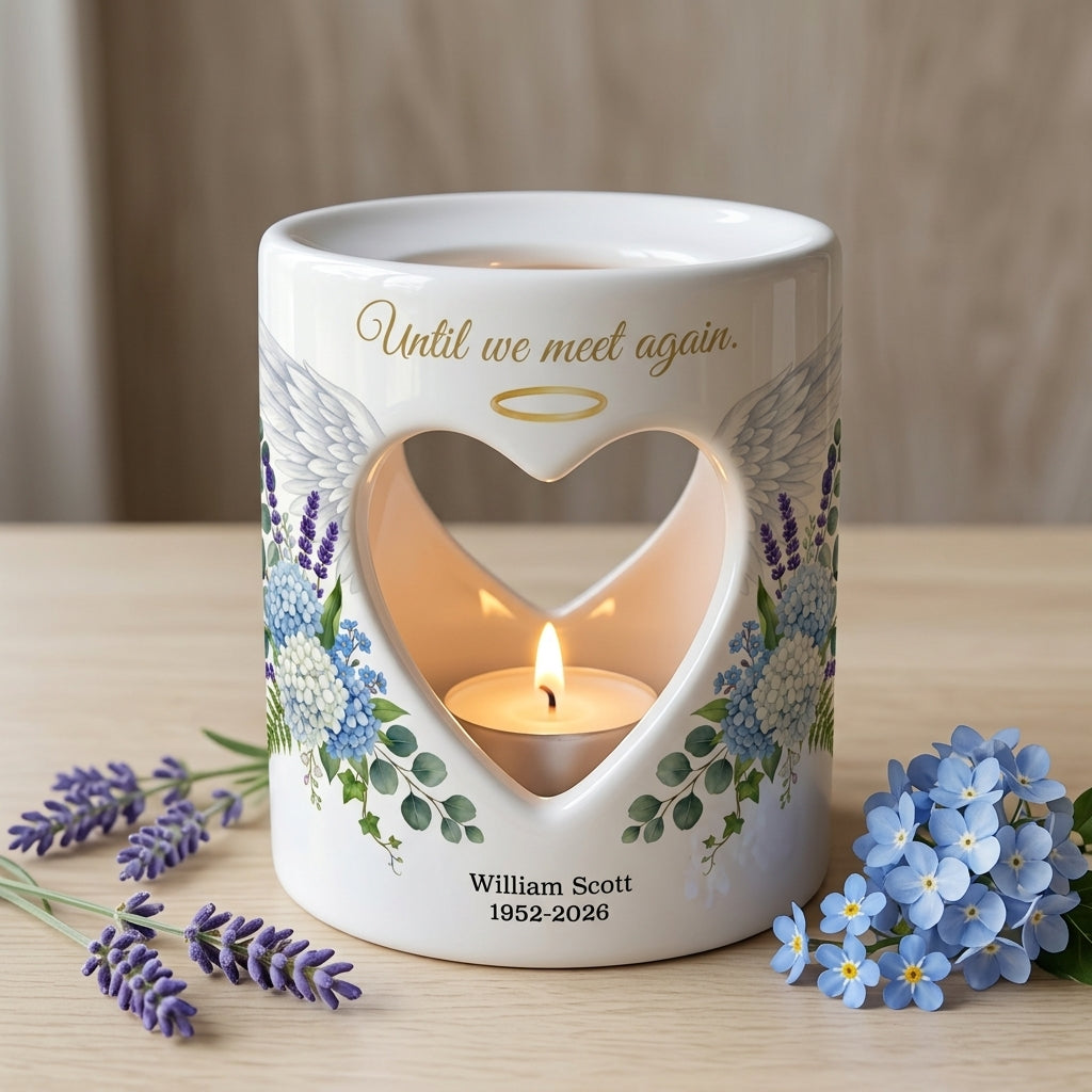 Personalized Memorial Candle Holder, Until We Meet Again Sympathy Gift, Angel Wings Heart Tealight Holder, Loss of Loved One Keepsake