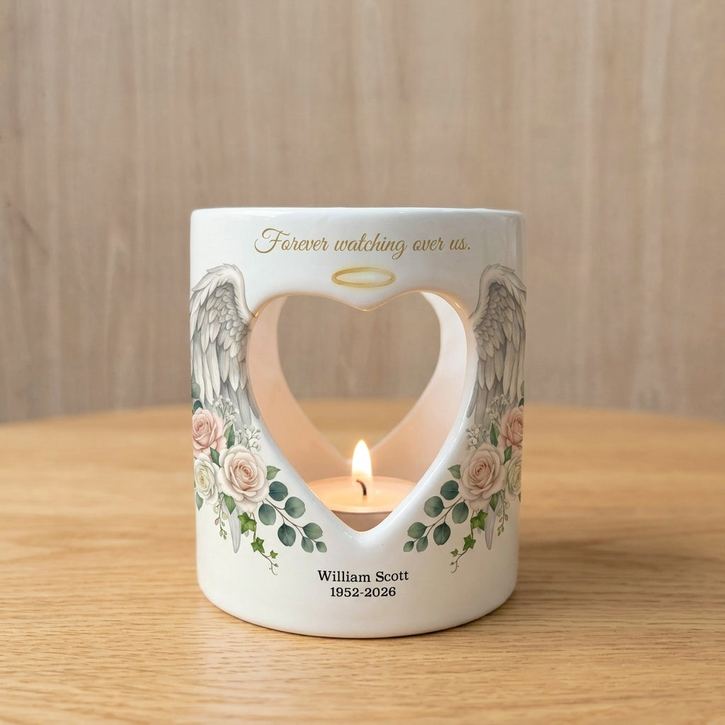 Personalized Memorial Candle Holder, Angel Wings Heart Sympathy Tealight Cup, Bereavement Remembrance Gift, In Loving Memory Keepsake