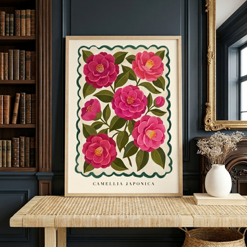 Camellia Japonica Botanical Wall Art, Pink Floral Painting Print, Vintage Flower Market Poster, Maximalist Cottagecore Decor