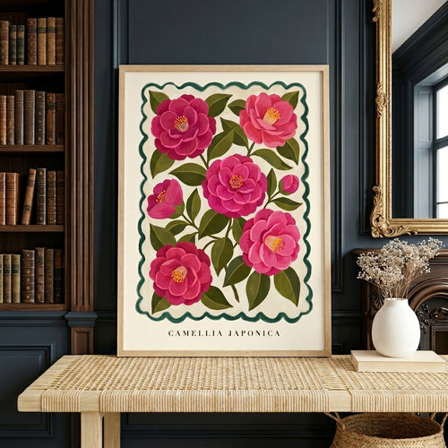 Camellia Japonica Botanical Wall Art, Pink Floral Painting Print, Vintage Flower Market Poster, Maximalist Cottagecore Decor