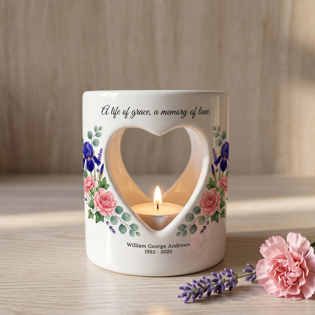 Personalized Memorial Candle Holder Ceramic Tealight Luminary Heart Cutout Floral Sympathy Gift Bereavement Remembrance Keepsake
