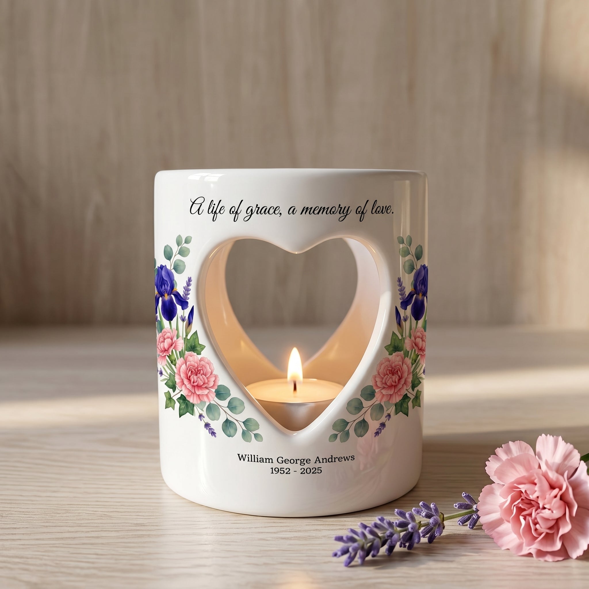 Personalized Memorial Candle Holder Ceramic Tealight Luminary Heart Cutout Floral Sympathy Gift Bereavement Remembrance Keepsake