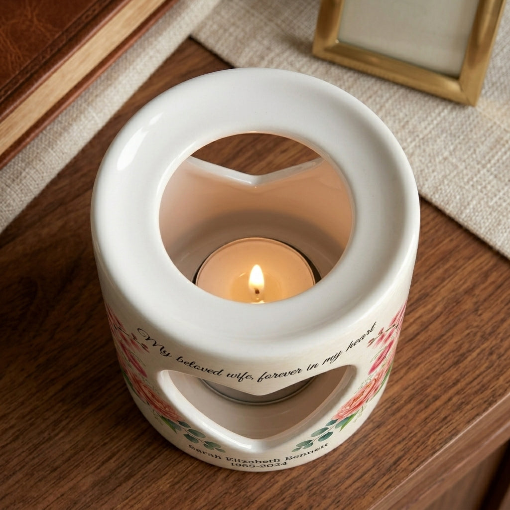 Personalized Wife Memorial Candle Holder, In Loving Memory Ceramic Tea Light Sympathy Gift, Floral Heart Remembrance Keepsake