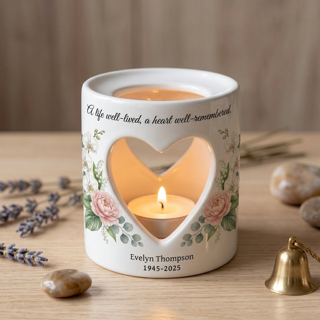 Personalized Memorial Candle Holder Ceramic Tealight Sympathy Gift Custom Name Date Heart Cutout Floral Bereavement Remembrance Keepsake