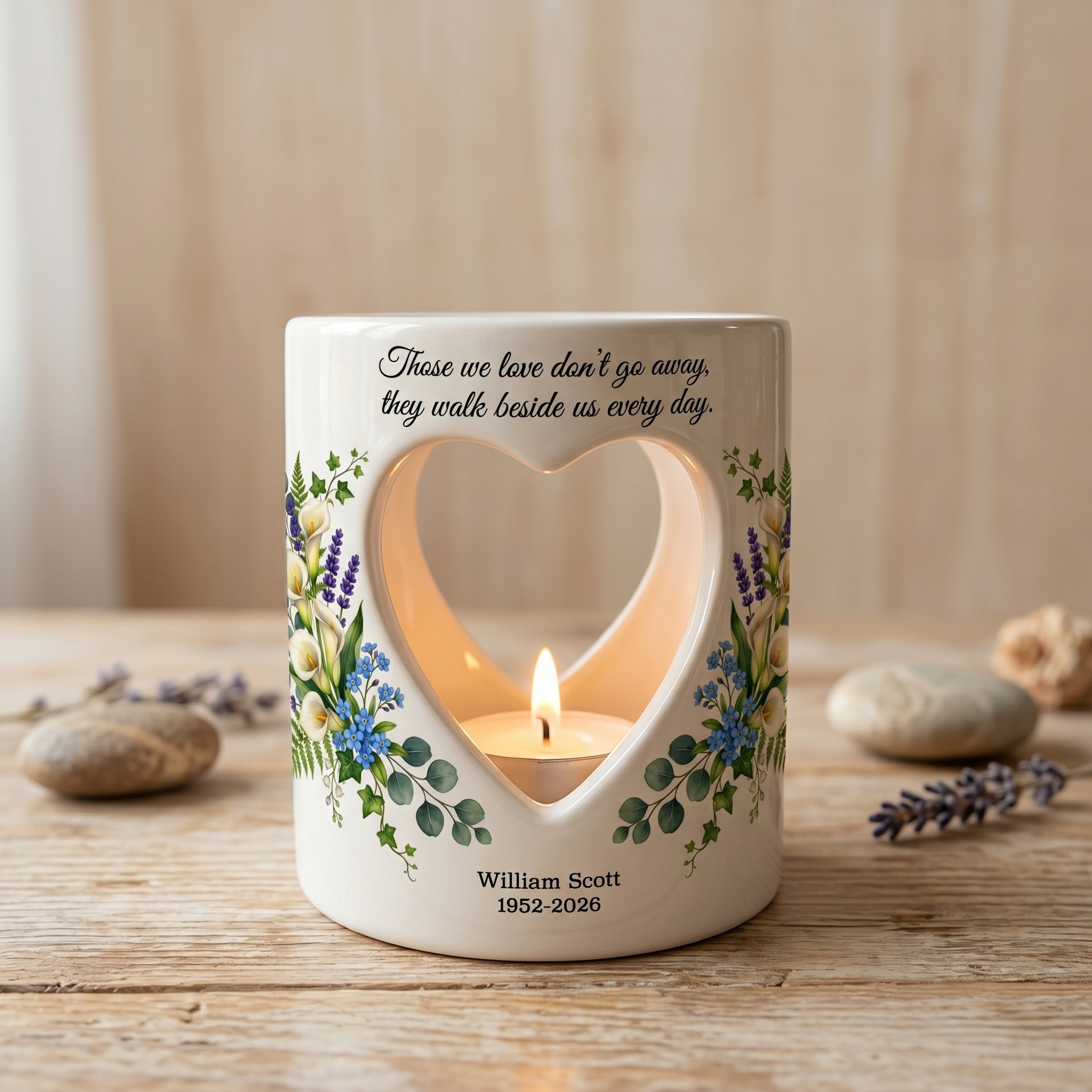 Personalized Memorial Candle Holder, Custom Name & Date Sympathy Gift, Heart Cutout Ceramic Tealight, Floral Remembrance Candle Cup