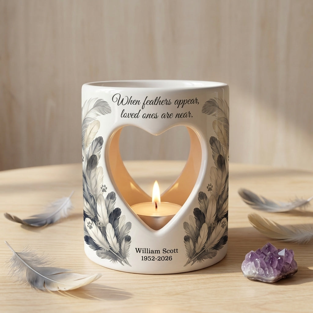 Personalized Memorial Tealight Candle Holder, When Feathers Appear Loved Ones Are Near, Ceramic Sympathy Gift, Remembrance Keepsake