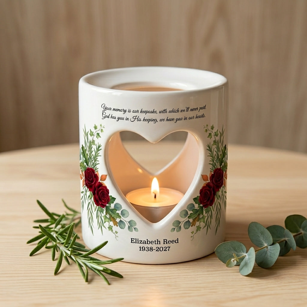 Personalized Memorial Candle Holder, Heart Cutout Ceramic Sympathy Tealight, In Loving Memory Keepsake Remembrance Gift