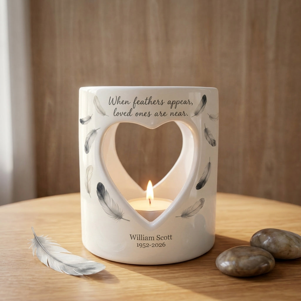 Personalized Memorial Candle Holder, When Feathers Appear Loved Ones Are Near, Ceramic Heart Sympathy Tea Light, Bereavement Gift