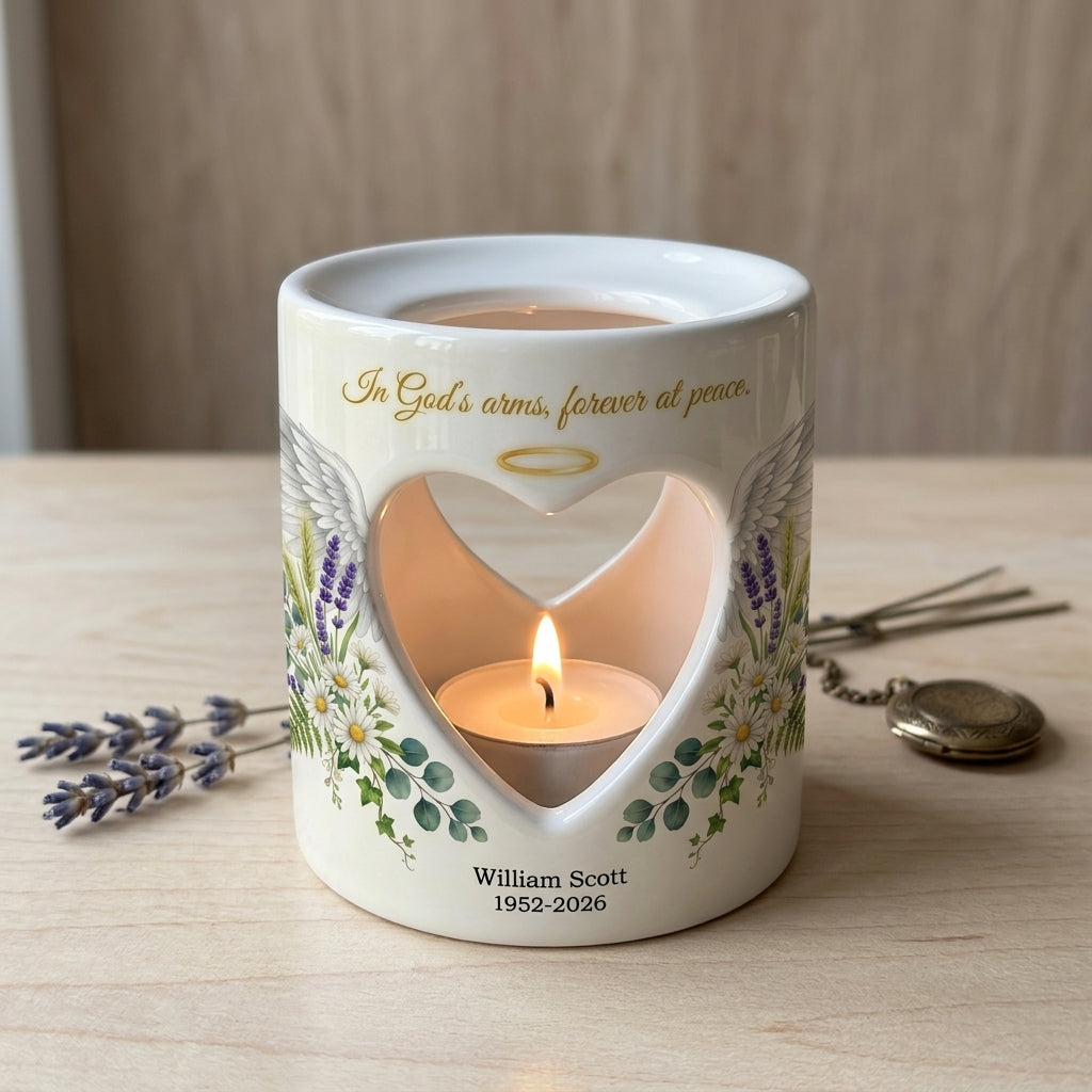 Personalized Memorial Candle Holder, In God's Arms Forever At Peace Ceramic Heart Tealight Sympathy Gift, Angel Wings Remembrance Keepsake