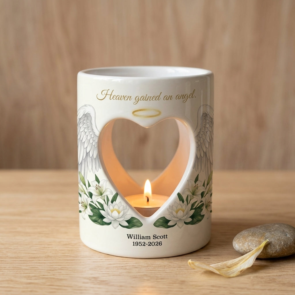 Personalized Memorial Candle Holder, Heaven Gained An Angel Ceramic Tealight Sympathy Gift, In Loving Memory Bereavement Keepsake