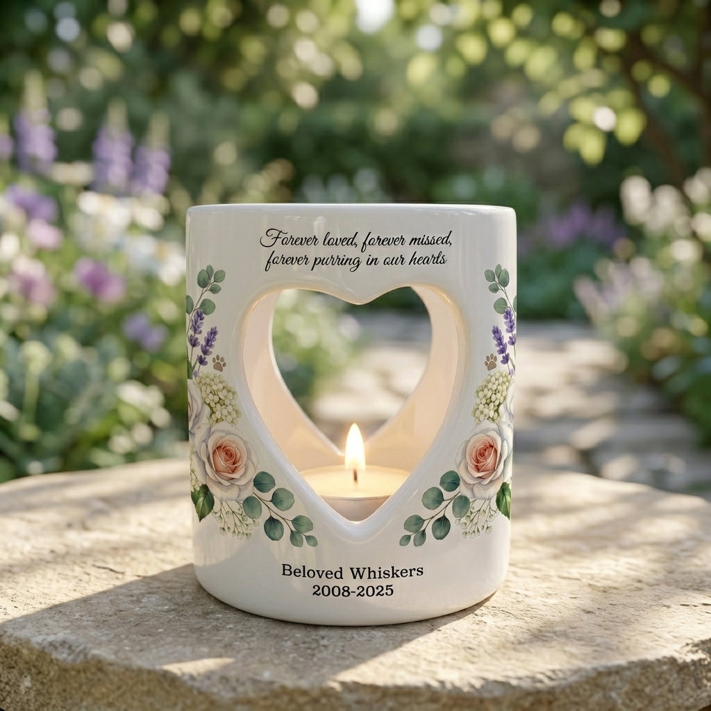 Personalized Cat Memorial Candle Holder, Pet Loss Sympathy Gift, Custom Ceramic Tealight Holder, Cat Remembrance Keepsake, Rainbow Bridge