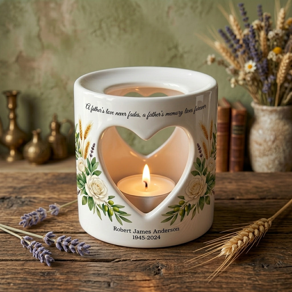 Personalized Memorial Candle Holder for Dad, Custom Father Sympathy Gift, Ceramic Heart Tealight Holder, Loss of Father Remembrance Keepsake