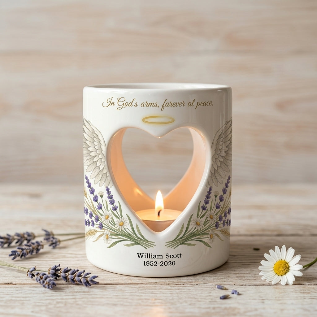Personalized Memorial Candle Holder, Angel Wings Heart Sympathy Gift, Custom Name Date Ceramic Tealight, In Loving Memory Bereavement