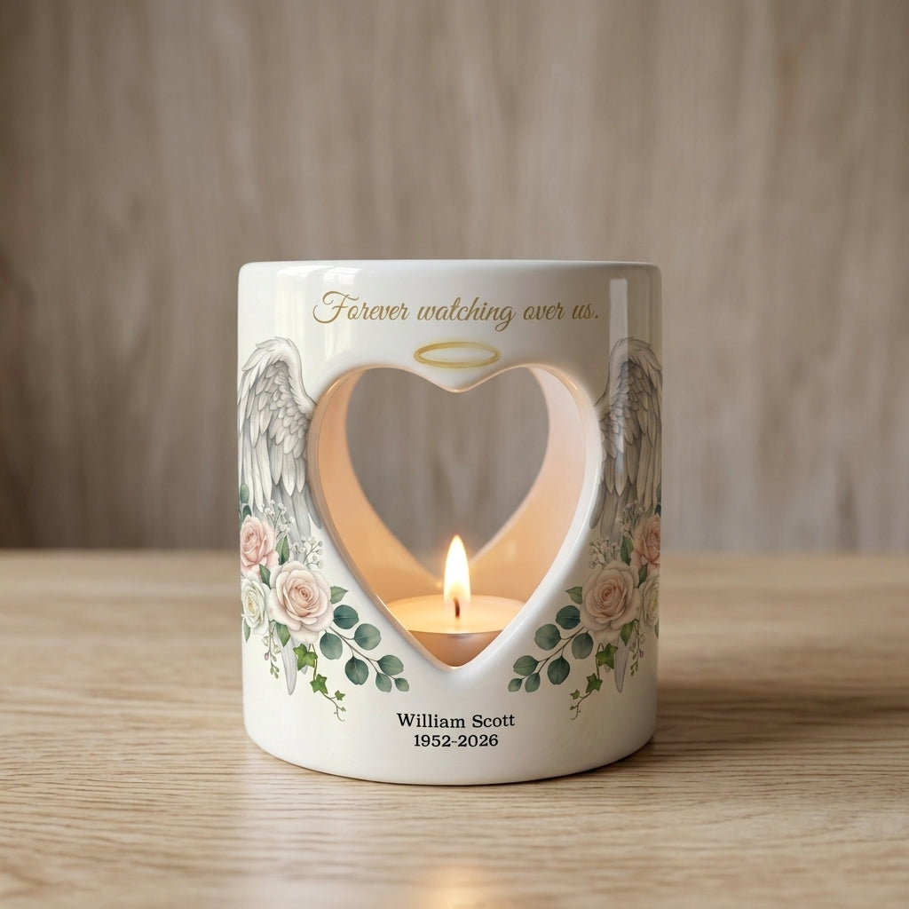 Personalized Memorial Candle Holder, Angel Wings Heart Sympathy Tealight Cup, Bereavement Remembrance Gift, In Loving Memory Keepsake