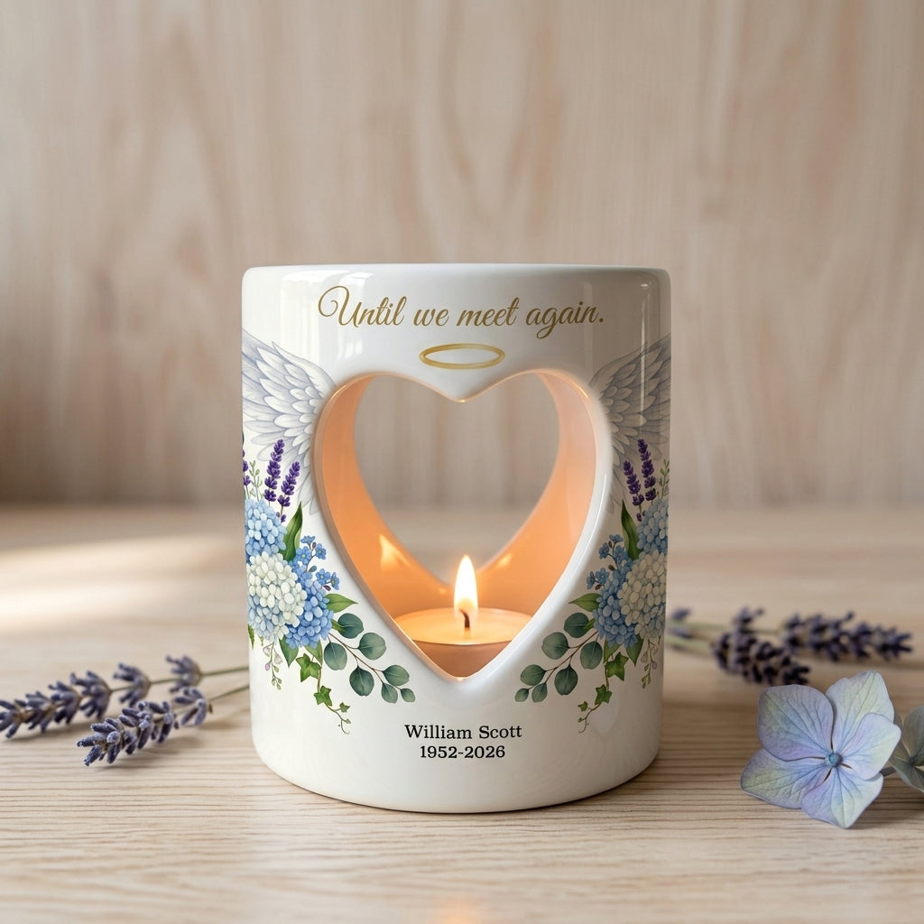 Personalized Memorial Candle Holder, Until We Meet Again Sympathy Gift, Angel Wings Heart Tealight Holder, Loss of Loved One Keepsake