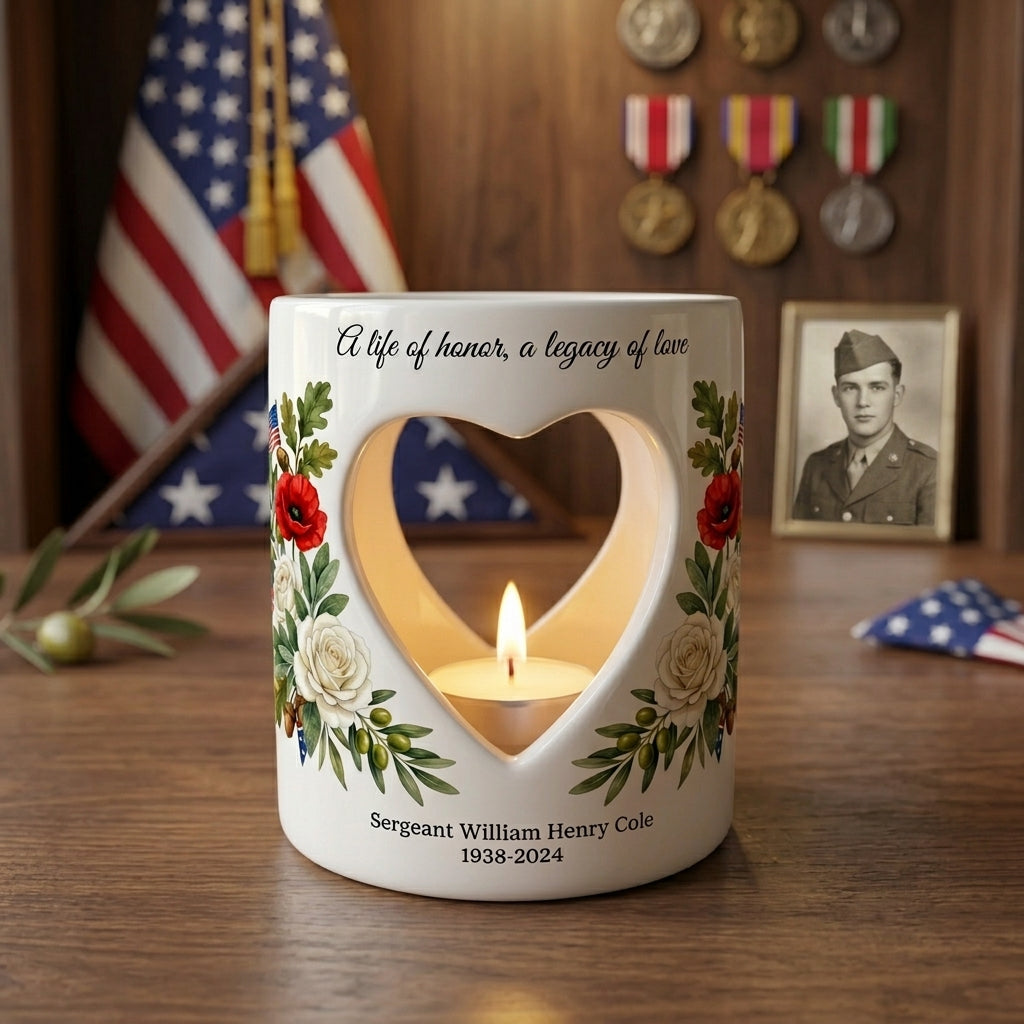 Personalized Veteran Memorial Candle Holder, Military Sympathy Gift, Heart Cutout Tealight Holder, Custom Name & Dates Remembrance Keepsake