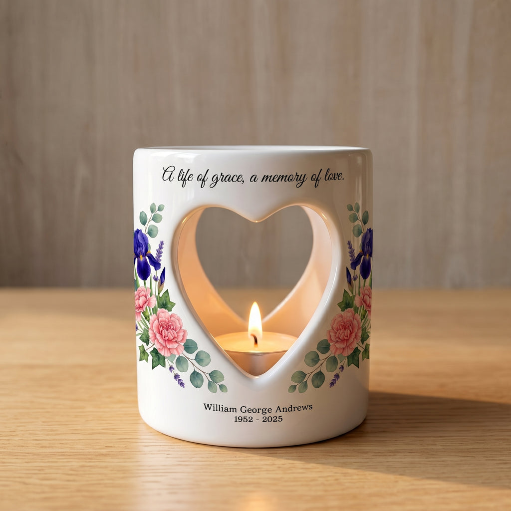 Personalized Memorial Candle Holder Ceramic Tealight Luminary Heart Cutout Floral Sympathy Gift Bereavement Remembrance Keepsake