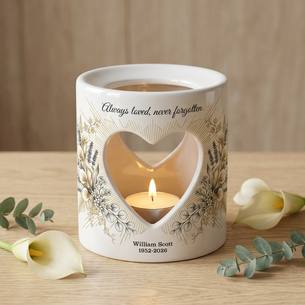Personalized Memorial Candle Holder, Always Loved Never Forgotten Heart Cutout Ceramic Sympathy Gift, Remembrance Tealight Lantern
