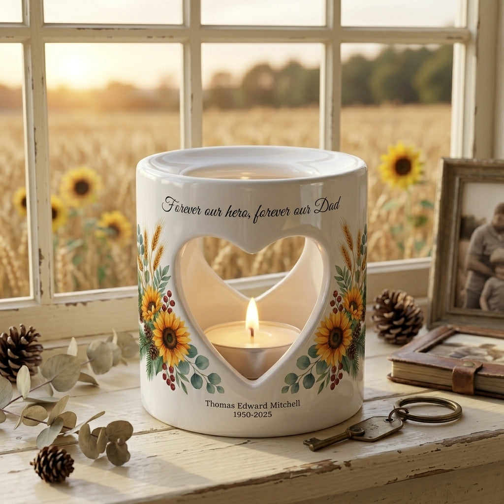 Personalized Dad Memorial Candle Holder, Sunflower Heart Tealight Cup, Forever Our Hero Forever Our Dad Sympathy Loss of Father Gift
