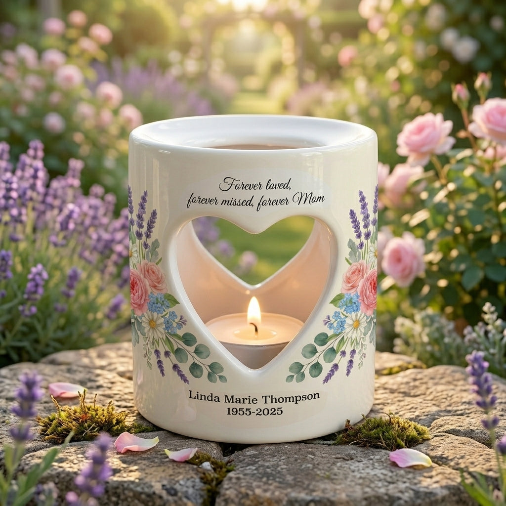 Personalized Memorial Candle Holder for Mom, Forever Loved Forever Missed Ceramic Heart Tealight Sympathy Gift